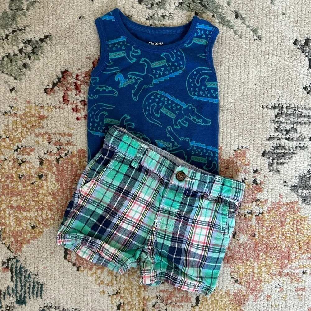 Carter’s 12 Month Retro Baby Boy Summer Outfit Plaid Shorts & vibrant Dino top
